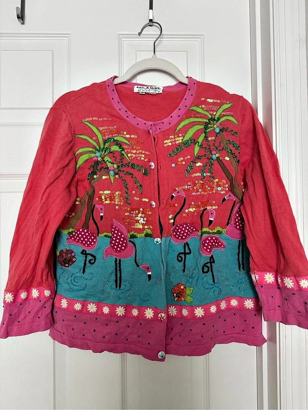 Vintage Jack B Quick Flamingo Cardigan L Embellished Sequin Tropical Novelty